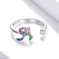 S925 Sterling Silver 26 English Letters Colorful Zircon Women Open Ring, Style:A