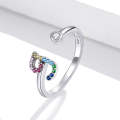 S925 Sterling Silver 26 English Letters Colorful Zircon Women Open Ring, Style:J