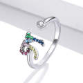 S925 Sterling Silver 26 English Letters Colorful Zircon Women Open Ring, Style:N