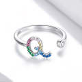 S925 Sterling Silver 26 English Letters Colorful Zircon Women Open Ring, Style:Q