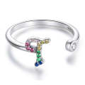 S925 Sterling Silver 26 English Letters Colorful Zircon Women Open Ring, Style:T