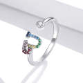 S925 Sterling Silver 26 English Letters Colorful Zircon Women Open Ring, Style:U