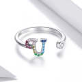 S925 Sterling Silver 26 English Letters Colorful Zircon Women Open Ring, Style:U