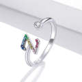 S925 Sterling Silver 26 English Letters Colorful Zircon Women Open Ring, Style:Z