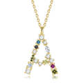 S925 Sterling Silver 26 Engligh Letters Colorful Zircon Women Nacklace Jewelry, Style:A(Gold)