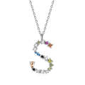 S925 Sterling Silver 26 Engligh Letters Colorful Zircon Women Nacklace Jewelry, Style:S(Silver)