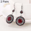 2 Pairs Ethnic Sun Flower Style Rhinestone Earrings Long Earbobs(Silver+Red)