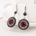 2 Pairs Ethnic Sun Flower Style Rhinestone Earrings Long Earbobs(Silver+Red)