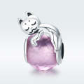 S925 Sterling Silver Pink Crystal Loose Beads Cute Cat DIY Bracelet Accessory