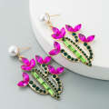 2 PCS Cactus Alloy Retro Earrings With Colored Rhinestones(Rose Red)