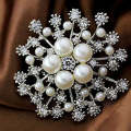 Women Large Snowflake Imitation Pearls Rhinestones Crystal  Brooch Pin Jewelry(White)