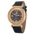 FULAIDA Women Rhinestone Gold Powder PU Leather Strap Quartz Watch(Black)