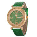 FULAIDA Women Rhinestone Gold Powder PU Leather Strap Quartz Watch(Green)