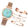 Ladies Magnet Buckle Watch Casual Flower Dial Watch Alloy Mesh Quartz Watch(Gold Sky Blue+Bracelet)