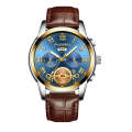 FNGEEN 4001 Men Watch Multi-Function Quartz Watch, Colour: Brown Leather Gold Blue Surface