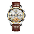 FNGEEN 4001 Men Watch Multi-Function Quartz Watch, Colour: Brown leather Gold White Surface
