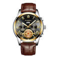 FNGEEN 4001 Men Watch Multi-Function Quartz Watch, Colour: Brown Leather Gold Black Surface