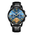 FNGEEN 4001 Men Multi-Function Quartz Watch, Colour: Black Leather Black Steel Blue Surface