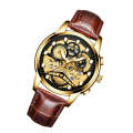 FNGEEN 4088 Men Hollow Quartz Watch Student Waterproof Luminous Watch(Brown Leather Full Gold Bla...