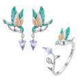 Drip Oil Craft Kingfisher Earrings Ring Set 925 Silver Jewelry, Style: Ring