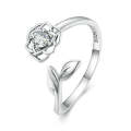 BSR325 Sterling Silver S925 Silver Camellia Zirconia Ring(Open Adjustable)