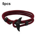 5pcs Whale Tail Braided Hand Rope Double Live Buckle Adjustable Bracelet(Red Wine)