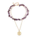Boho Colorful Broken Natural Stone Necklace, Model: N2107-5 Purple Stone Double Layer