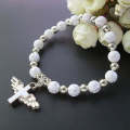 Gold Stamped Acrylic Angel Cross Bead Bracelet, Color: Silver