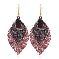 Double-layered Leaves Tassel Earrings Simple Retro Metal Leaf-ears Ornaments(Red Black)