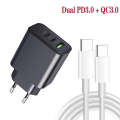 40W Dual PD + QC3.0 Ports Travel Charger with Type-C to Type-C Data Cable(EU Plug)