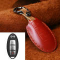 For Nissan Car Cowhide Leather Key Protective Cover Key Case, Three Keys Horn Version (Red)