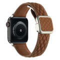 For Apple Watch SE 2022 44mm Rhombus Pattern Magnetic Square Buckle Leather Watch Band(Dark Brown)