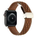 For Apple Watch SE 2023 44mm Rhombus Pattern Magnetic Folding Buckle Leather Watch Band(Dark Brown)