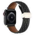 For Apple Watch Series 5 44mm Rhombus Pattern Magnetic Folding Buckle Leather Watch Band(Black)