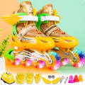 Adjustable Children Full Flash Single Four-wheel Roller Skates Skating Shoes Set, Size : M (Gold)