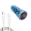 P35 48W PD30W + QC3.0 18W USB Transparent Car Charger with Type-C to 8 Pin Phone Data Cable(Trans...