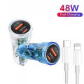 P35 48W PD30W + QC3.0 18W USB Transparent Car Charger with Type-C to 8 Pin Phone Data Cable(Trans...