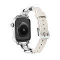 For Apple Watch SE 2023 44mm Rhinestone Denim Chain Leather Watch Band(Beige)