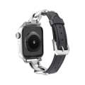 For Apple Watch Series 9 45mm Rhinestone Denim Chain Leather Watch Band(Black)