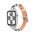 For Apple Watch SE 2022 44mm Rhinestone Denim Chain Leather Watch Band(Apricot)