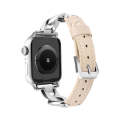 For Apple Watch SE 2022 44mm Rhinestone Denim Chain Leather Watch Band(Apricot)