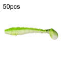 50pcs Threaded T-Tail Two Color Soft Baits Lures, Size: 6.5cm(Light Green)