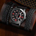 SOKI Men Business Alloy Quartz Watch Jewelry Set(Black Red)