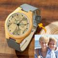 Women's Engraved Bamboo Photo Watch Grey Leather Strap 40mm