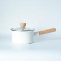 Premier Quality Enamel Saucepan Milk Pan with Glass Lid & Wooden Handle
