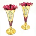 Murano Red And Gold Years Pair Trumpet Vases