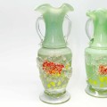 Murano Italy Pair Green Glass Vases With Applied Flower and Leaves 20th