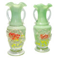 Murano Italy Pair Green Glass Vases With Applied Flower and Leaves 20th