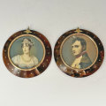 French Gold Mounted Tortoiseshell Pair  Of Miniature Portrait Paintings of Napoleon & Josephine
