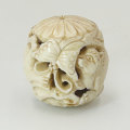 Japanese Netsuke Cat and Butterfly Carved Ball 19th